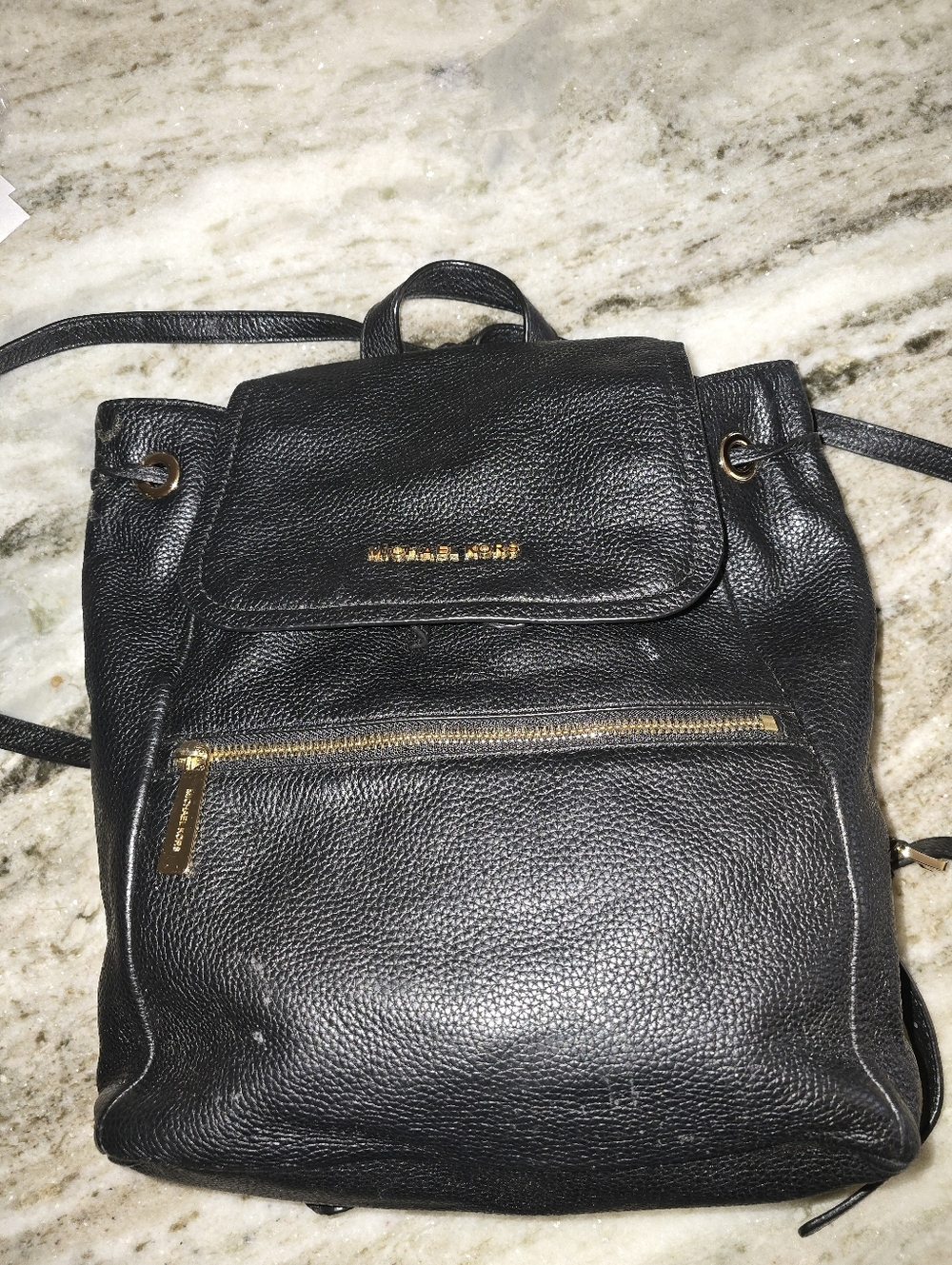 Michael Kors Black Pebbled Leather Flap Backpack with Gold Hardware